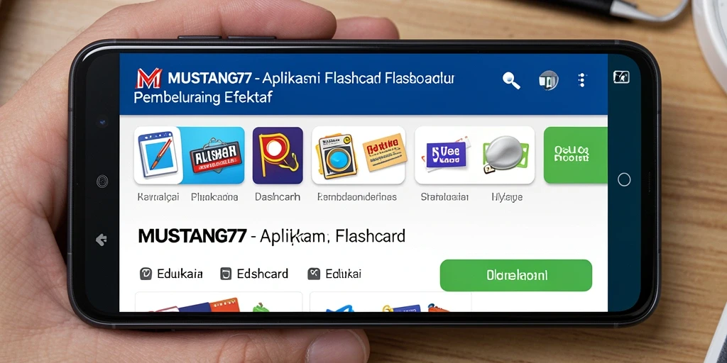 Antarmuka aplikasi MUSTANG77 yang menampilkan fitur Flashcard yang interaktif.