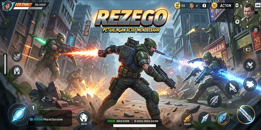 Tampilan antarmuka game REZEGO dengan aksi mendebarkan.